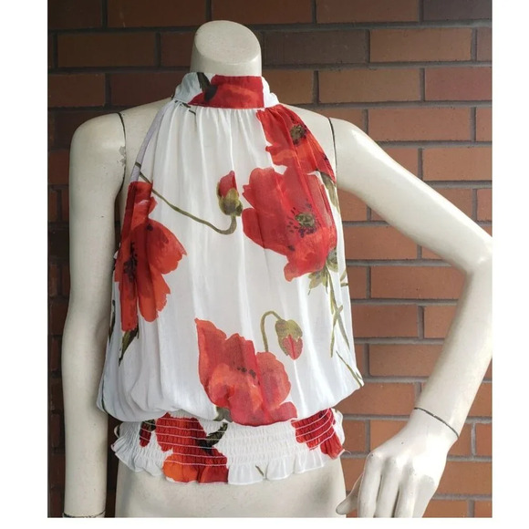 Vintage large red poppy 100% viscose semi - sheer high neck top - keyhole back - Picture 6 of 10